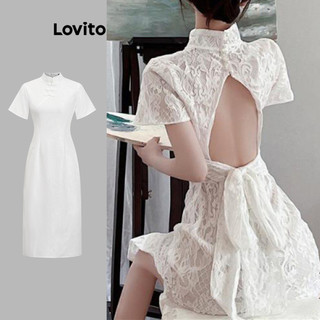 Đầm Lovito màu trơn phối ren hở lưng kiểu nơ phía sau phong cách thường ngày dành cho nữ L79AD074