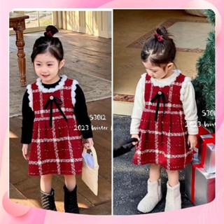 Xả Set váy dạ kẻ đỏ cục bông kèm áo len tăm 2 màu cho bé gái mặc noen giáng sinh, tết