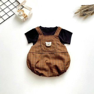 Set Áo Thun Tay Ngắn Đen Kèm Yếm Body Caro Đính Gấu Cho Bé Sơ Sinh 1 2 Tuổi MINTSCLOSET- BS6245