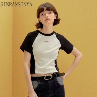 Sinransinya Áo thun ngắn tay cotton nguyên chất mới hot girl dành cho nữ, áo thiết kế mỏng và đa năng