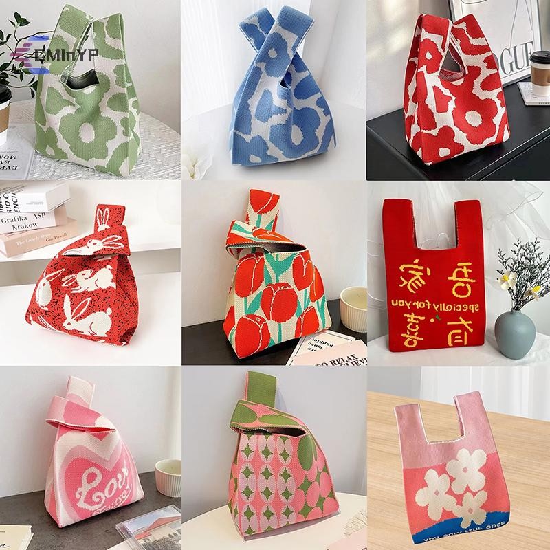 [CMinYP] Túi dệt kim thủ công sọc di động Túi đeo tay thắt nút nữ Túi đeo cổ tay Xô Túi điện thoại Dung tích lớn Túi xách mùa thu đông mới