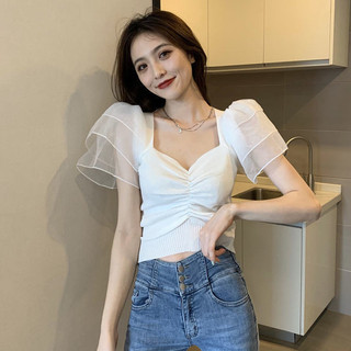 Áo Thun Dệt Kim Tay Ngắn / Ngắn 2024 / Phong Cách Mùa Hè / Phong Cách Pháp / Cổ Chữ V / Lưới / Phong Cách Ngắn / Rốn / Hàng Đầu FMVS