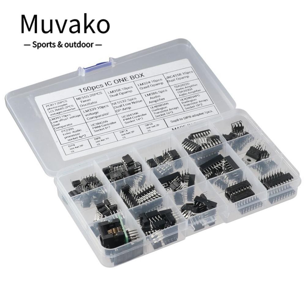 Muvako 150 chiếc XL IC Chip Assortment, opamp PC817, NE555, LM358, LM324, JRC4558, LM393, LM339, NE5532, LM386, TDA2030, TDA2822, PT2399, UC3842, UC3843, ULN2003, ULN2803,,,, Bộ dao động màu đen