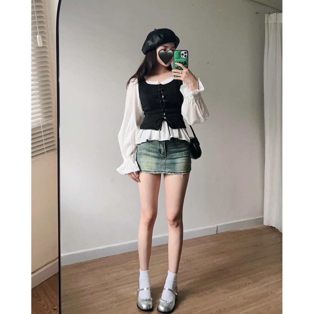 𝐑𝐂𝐂 𝐒𝐚̀𝐢 𝐆𝐨̀𝐧 🐰 Áo tay phồng dài voan TRẮNG + Áo ghi lê đan dây nhung ĐEN