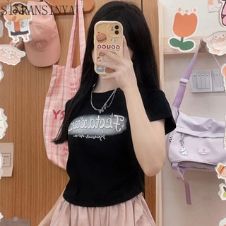 Áo thun nữ ngắn tay SINRANSINYA kiểu Mỹ cổ điển trắng vai ngắn tay in chữ Áo nữ mùa hè mới hot girl mỏng vừa vặn xương cá ngắn đa năng
