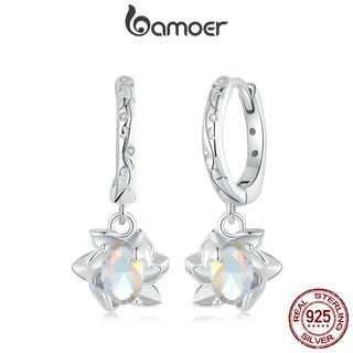 Bamoer 925 sterling sliver hoop bông tai thiết kế hoa sen trang sức quà tặng cho nữ