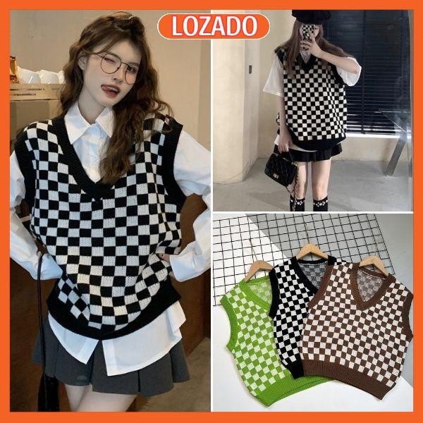 Áo gile len nữ áo len nữ quảng châu kẻ Caro cá tính trẻ trung LOZADO - MÃ A26