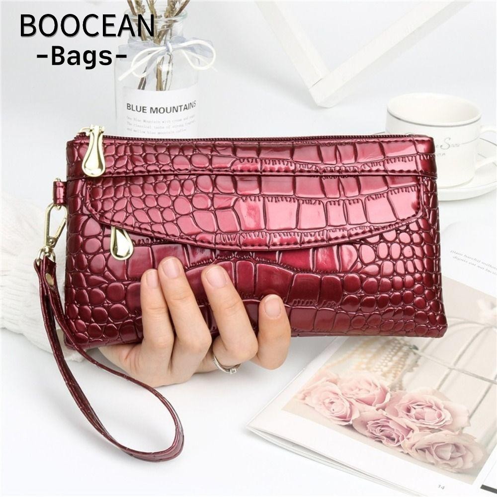 BOOCEAN Ví dài nữ, Ví nữ có dây kéo đôi bằng da, Thiết kế thời trang Túi ví đỏ Ví cá sấu Túi ly hợp