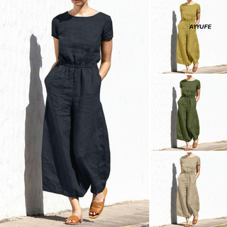 Ayyufe Nữ Jumpsuit Tay Ngắn Màu Trơn Vải Lanh Cotton Mùa Hè Rời Ống Rộng Nữ Áo Liền Quần Quần Quần Áo Mặc Quần Áo