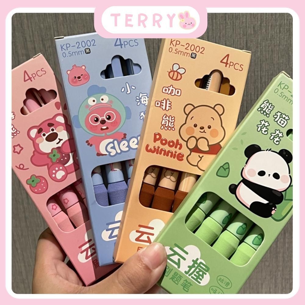 Set 4 bút gel bút mực bút bấm mực đen hoạt hình nhiều chủ đề gấu dâu, loopy, gấu pooh đệm tay squish