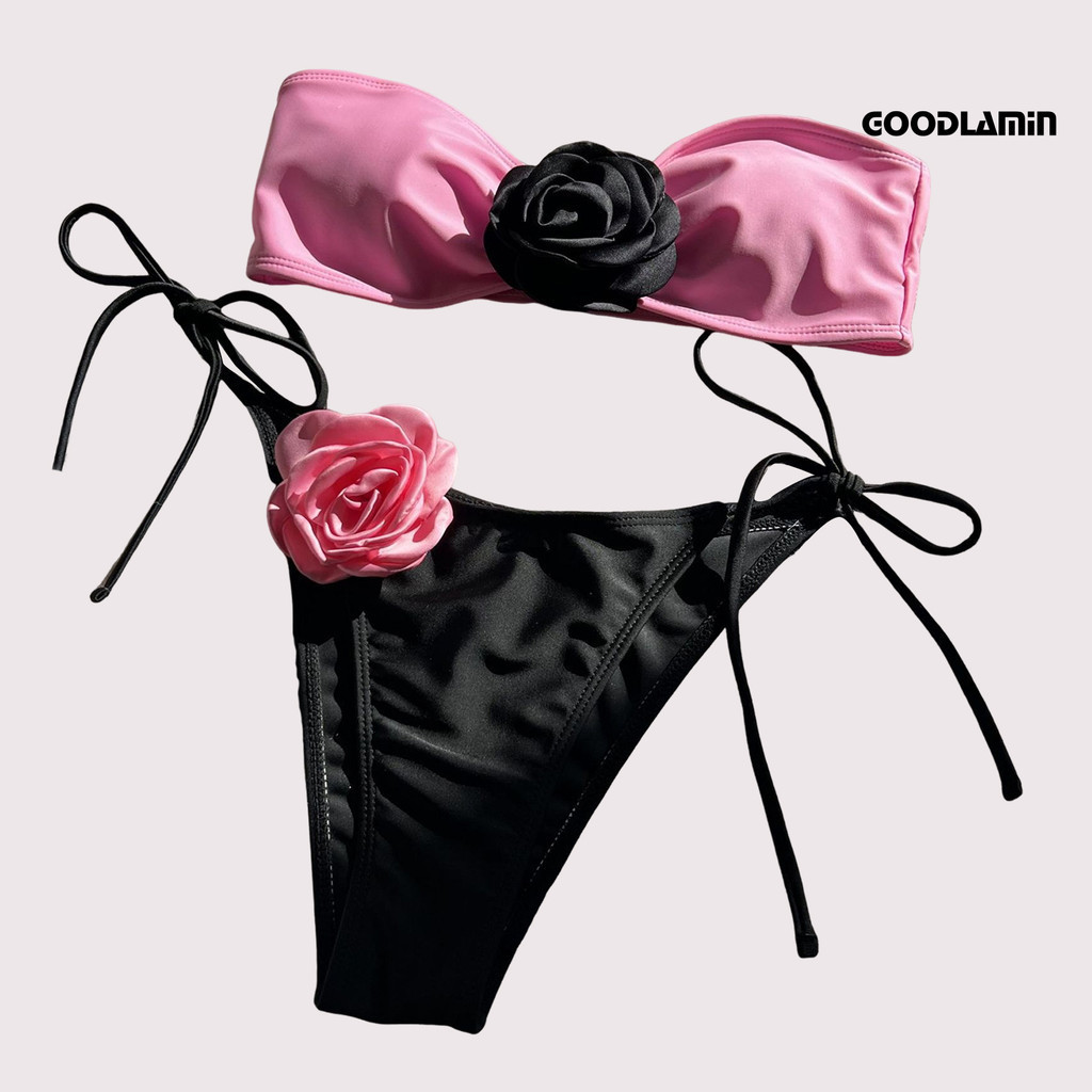Goodlyz 2 Cái / bộ Nữ Gợi Cảm Bikini Bộ Chắp Vá Màu Bandeau Áo Ngực Phối Ren Bộ Hoa Hồng | BigBuy360 - bigbuy360.vn