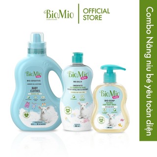 Combo Nâng Niu Bé Yêu Toàn Diện BIOMIO: Nước Giặt Xả 900ml, Nước Rửa Chén 450ml, Sữa Tắm 300ml An Toàn Cho Bé