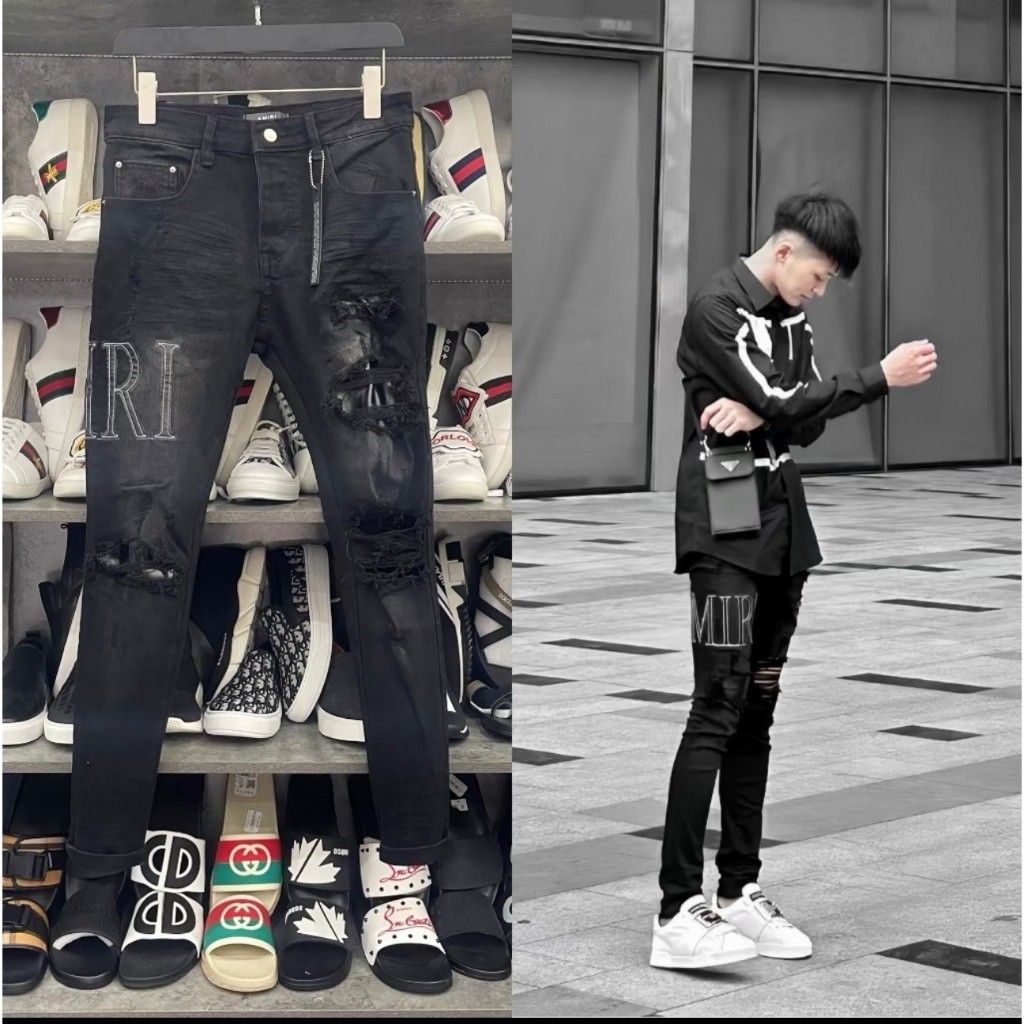 Quần jean bò nam Amiri đen xám thuê chữ da đùi rách xù vá phối túi da 4 cúc chữ boy phố Định Công Store MQU 045