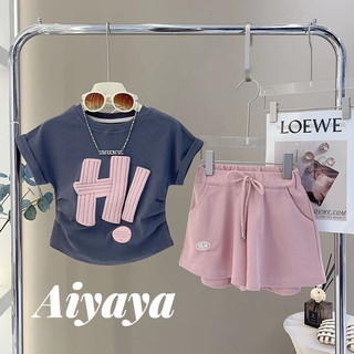 Aiyaya Quần áo trẻ em mùa hè mới Set áo thun + quần short bé gái 2 món phong cách Hàn Quốc