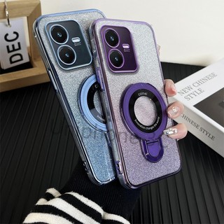 Ốp khung sang trọng VIVO Y22 Y22S Vỏ điện thoại di động mạ điện Bao gồm mọi cạnh Vỏ mềm chống rơi với giá đỡ từ tính bằng kim loại tròn