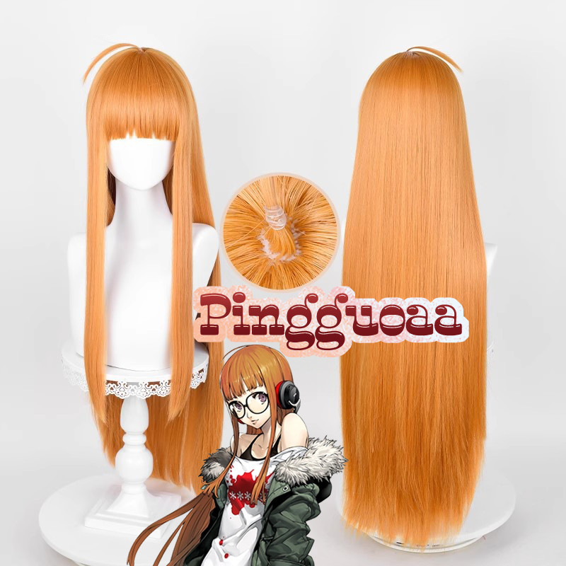 Persona 5 Futaba Sakura Cosplay Wig 85cm Long Orange Yellow Hair Heat Resistant Synthetic Wigs