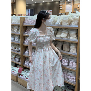  Váy hoa kiểu Pháp dành cho nữ mùa hè cổ vuông ngắn tay khí chất Váy dài vừa phải đa năng 