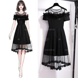 Đầm voan dáng suông Bigsize Váy nữ tay ngắn cổ tròn hở vai mùa hè Phong cách Hàn Quốc Thời Trang tiểu thư cá tính xinh đẹp cho người mập béo
