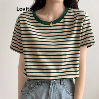 Áo thun Lovito phối viền tương phản kẻ sọc thường ngày cho nữ LNE27003 (màu xanh lá/xanh dương navy)