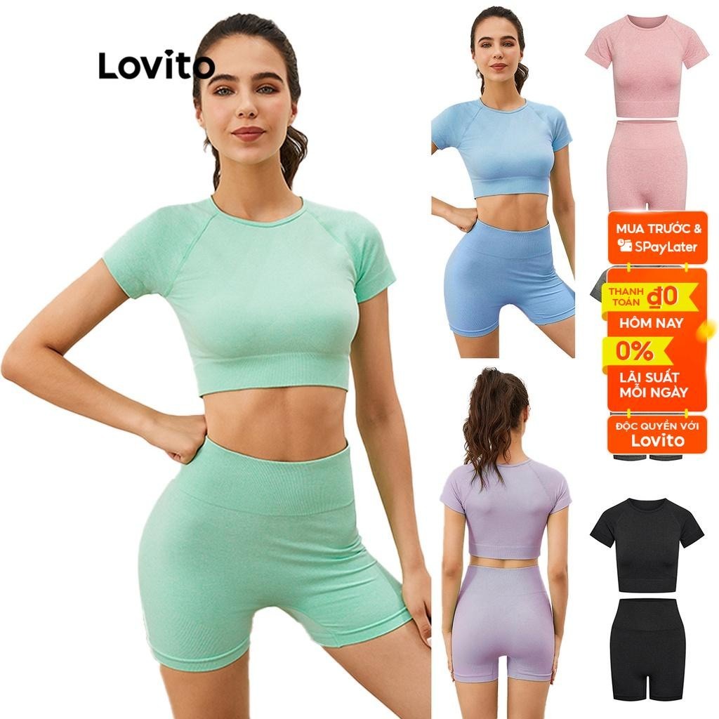 Lovito Bộ Đồ Thể Thao Tay Ngắn Cổ Tròn Màu Sắc Ngọt Ngào Thời Trang Cho Nữ L03015（Xanh Lá Cây/Xanh Lam/Tím）