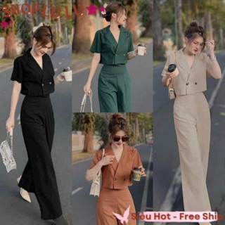 (LL) Set Đồ Bộ Kiểu Áo Tay Ngắn Cổ Vest Croptop Đính 2 Nút Khoét Lưng Sau Phối Quần dài ỐngRộngVảiForNữ Tính ,Dễ Thương