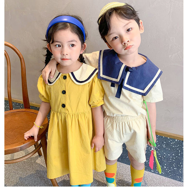 Bộ Đồ Trẻ Em Mùa Hè 2024 Mùa Hè Bé Trai Và Bé Gái Phong Cách Hàn Quốc Preppy Bộ Đồ Cotton Và Vải Lanh Ve Áo Cho Anh Em Và Bé Gái