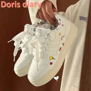 【Doris diary Giày trắng đế phẳng thời trang dành cho nữ, giày nữ hoa cầu vồng dành cho học sinh, giày thể thao thông thường cổ thấp