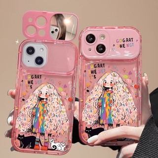 Sáu Màu Hoạt Hình Tóc Dài Graffiti Cô Gái Giá Đỡ Gương Vanity iPhone Case Cho iPhone 17ProMax 15Plus 14 13 12 11