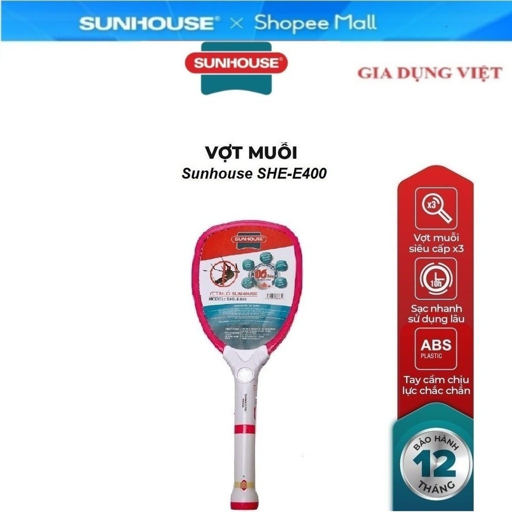 Vợt muỗi SUNHOUSE SHE-E400 ( hồng) SHE-1702 (Vàng ), Tích hợp đèn LED siêu sáng và đèn báo sạc, Thân