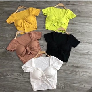 A95 Áo croptop nữ kiểu thun gân len 4 chiều cột nơ  ( ko mút )