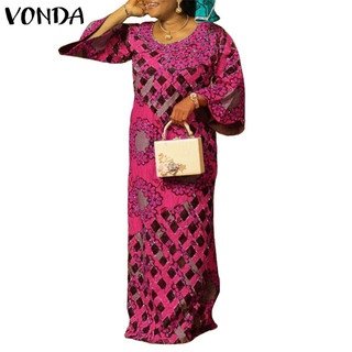 Vonda Nữ Cổ Tròn Dài Tay Hình Học In Hoa Váy