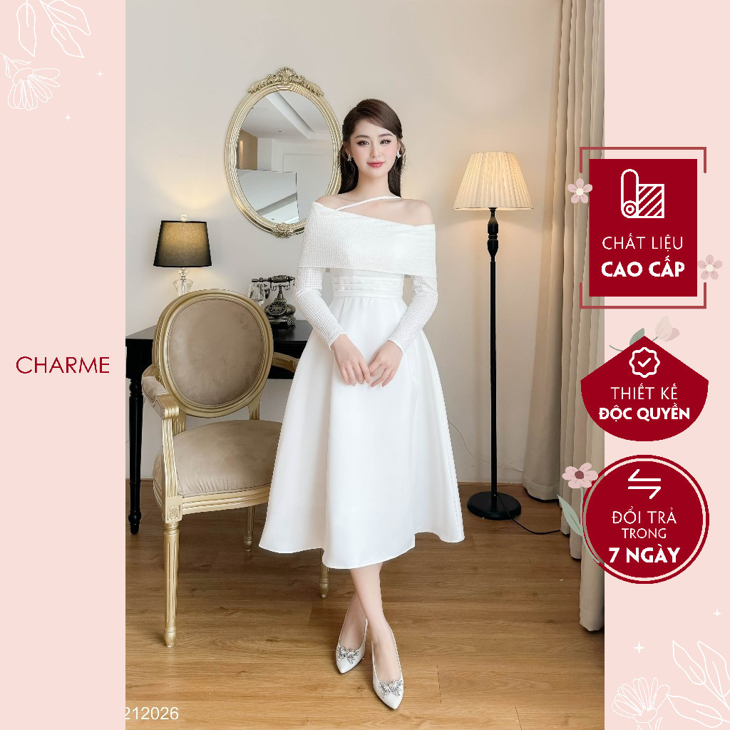 Váy Dài Tay Tiểu Thư Charme 212026 - Thiết Kế Trễ Vai Xếp Eo Tôn Dáng Sang Chảnh