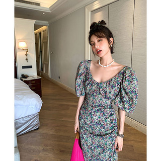 2025 Tay phồng Hoa Cổ Chữ V Đầm Nữ Mùa Hè Phong Cách Mới Pháp Retro Nguyên Chất Desire Phong Cách Cao Cấp Ôm Hơn Nhìn Sang Trọng Váy Dài