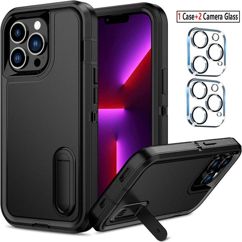 2 Chiếc Kính Cường Lực Camera Bảo Vệ + 1 Chiếc Ốp Lưng Chống Sốc Cho iPhone 16 15 14 Plus 13 Mini 12 11 Pro Max Ốp Điện Thoại Có Giá Đỡ Bảo Vệ Hạng Nặng Chống Bụi Cổng Bao Chống Trơn Trượt