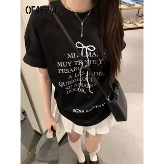 Mỹ Retro In Hình Nơ Lớn Cổ Tròn Áo Thun Nữ Mùa Hè 2024 Phiên Bản Hàn Quốc Rời Tất Cả Trận Đấu Giữa Chiều Dài Tay Ngắn