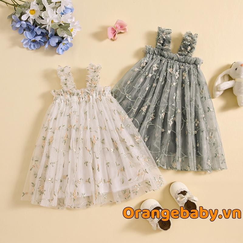 Oraby-girls Ngọt Ngào Cami Đầm Không Tay Thêu Hoa Chữ A Lưới Đầm Công Chúa