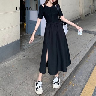 Đầm midi Lovito kiểu chữ A tay ngắn cổ tròn xẻ tà cắt xẻ màu trơn thường ngày cho nữ LNE09186 (Đen)