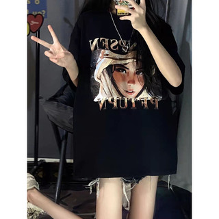 Mùa Hè 2024 Mới Đơn Giản Đen Thoáng Mát Retro Rời M-3XL Hoạt Hình In Chữ Cổ Tròn Áo Thun Nữ Tay Ngắn, Hip Hop Rời Tuổi Giảm Đa Năng Top