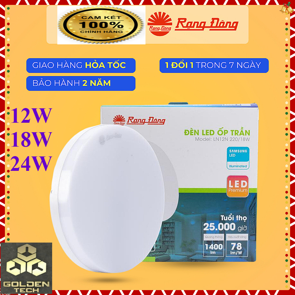 (Chính hãng) Đèn Led ốp nổi trần tròn 12W-18W-24W Rạng Đông -Tràn viền -KT: 170-220-300mm LN12N
