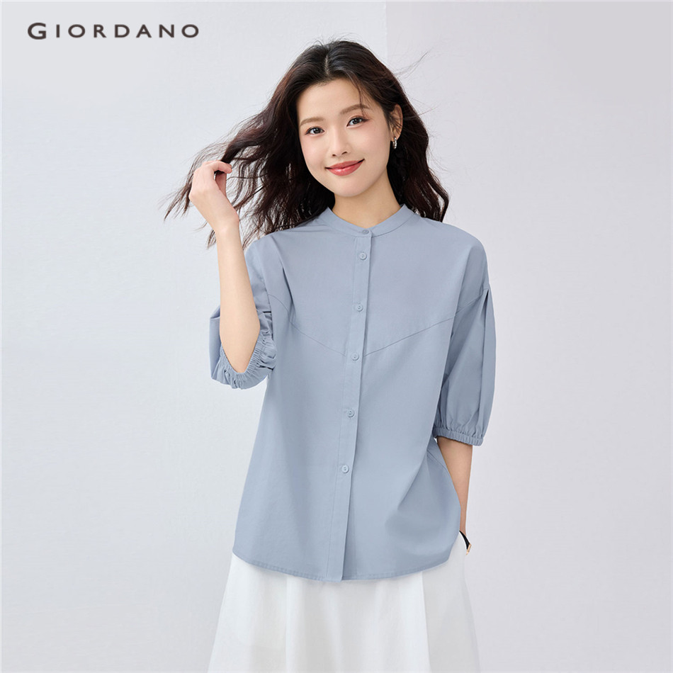 GIORDANO WOMEN Cotton mandarin collar elbow puff sleeve shirt 13345311
