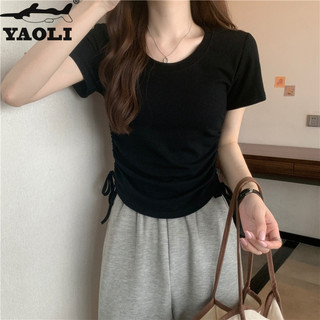YAOLI  Áo Thun Ngắn Tay Thiết Kế Mỏng Kiểu Dáng Đơn Giản Phối Dây Rút Thời Trang Mùa Hè Theo Phong Cách Hàn Quốc Cho Nữ