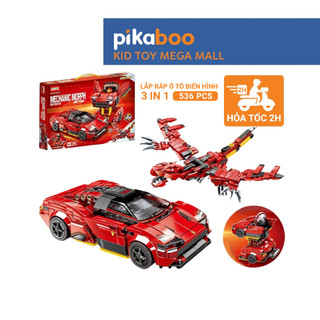 Đồ chơi lắp ráp ô tô biến hình Pikaboo 3 in 1, 2 kiểu lắp ráp 1 kiểu biến hình đa dạng, chất liệu cao cấp an toàn cho bé