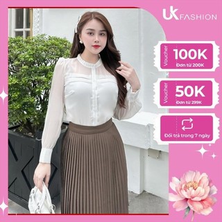 Áo Sơ Mi Tơ Xếp Ngực Kép UK Fashion Cao Cấp, Tơ Lụa Mềm Mại UKSM2309018