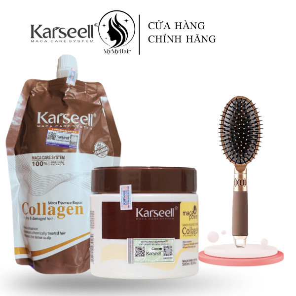 Kem ủ tóc phục hồi siêu mượt Collagen KARSEELL Maca 500ml chuẩn salon Tặng lược gỡ rối hình elip vàng đồng