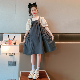 Đồ bộ bé gái mùa hè áo sơ mi tay ngắn + dây đeo váy phù hợp với bé 5-14 tuổi