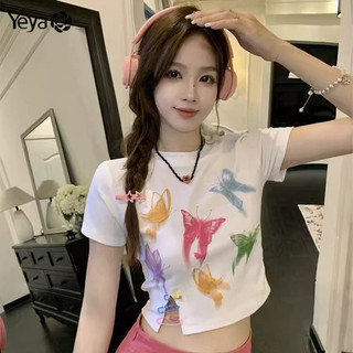 Áo thun nữ YEYA cổ tròn in hình bướm ngắn tay đơn giản đa năng
