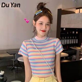 Du YAN Áo len ngắn sọc màu thời trang và đáng yêu khoe áo chui đầu cổ cao và áo ngắn tay