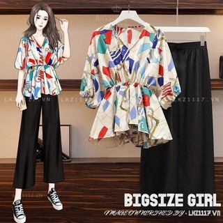 Set đồ nữ Bigsize  Áo sơ mi dáng ôm Áo tay ngắn cổ chữ v kết hợp quần ống rộng lưng cao cạp cao mùa hè Phong cách Hàn Quốc Thời Trang tiểu thư cá tính xinh đẹp cho người mập béo