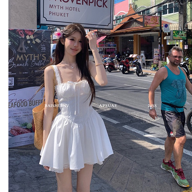 (Sẵn) Đầm nữ 2 dây phối ren Oanhdilys, Váy xòe công chúa babydoll màu trắng đi dự tiệc đi chơi siêu 