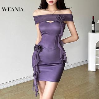 Đầm Mini hoa hồng lệch cổ cao thời trang WEANIA dành cho nữ